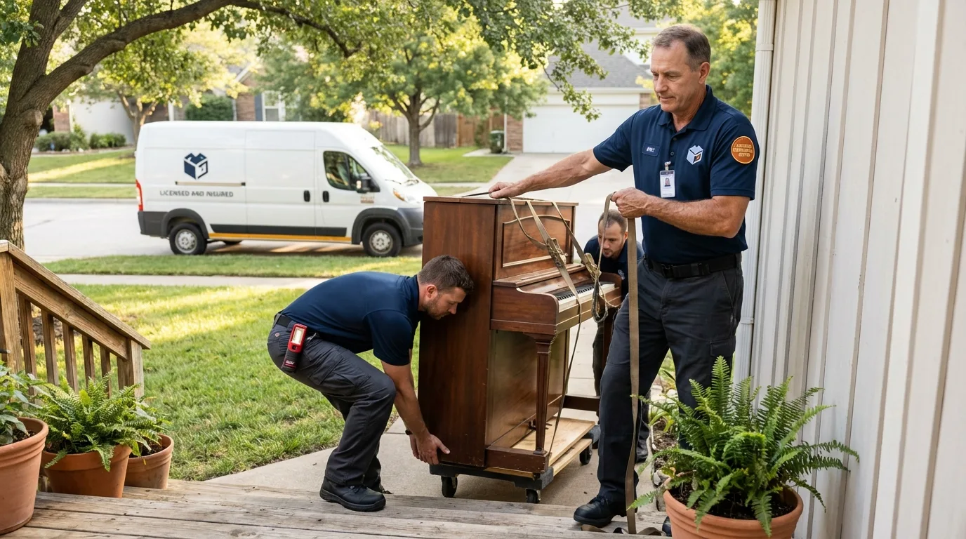 Licensed piano movers securing grand piano in Greene, NY