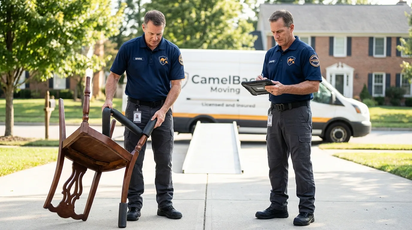 Movers inspecting furniture for damage prevention before loading in Greene, NY